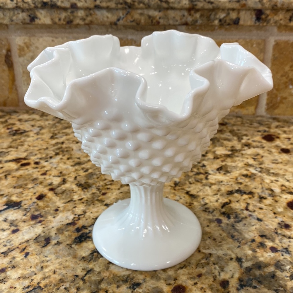 Fenton Hobnail Milk Glass Comport Ruffled 3728 Vtg 1956 - 1982